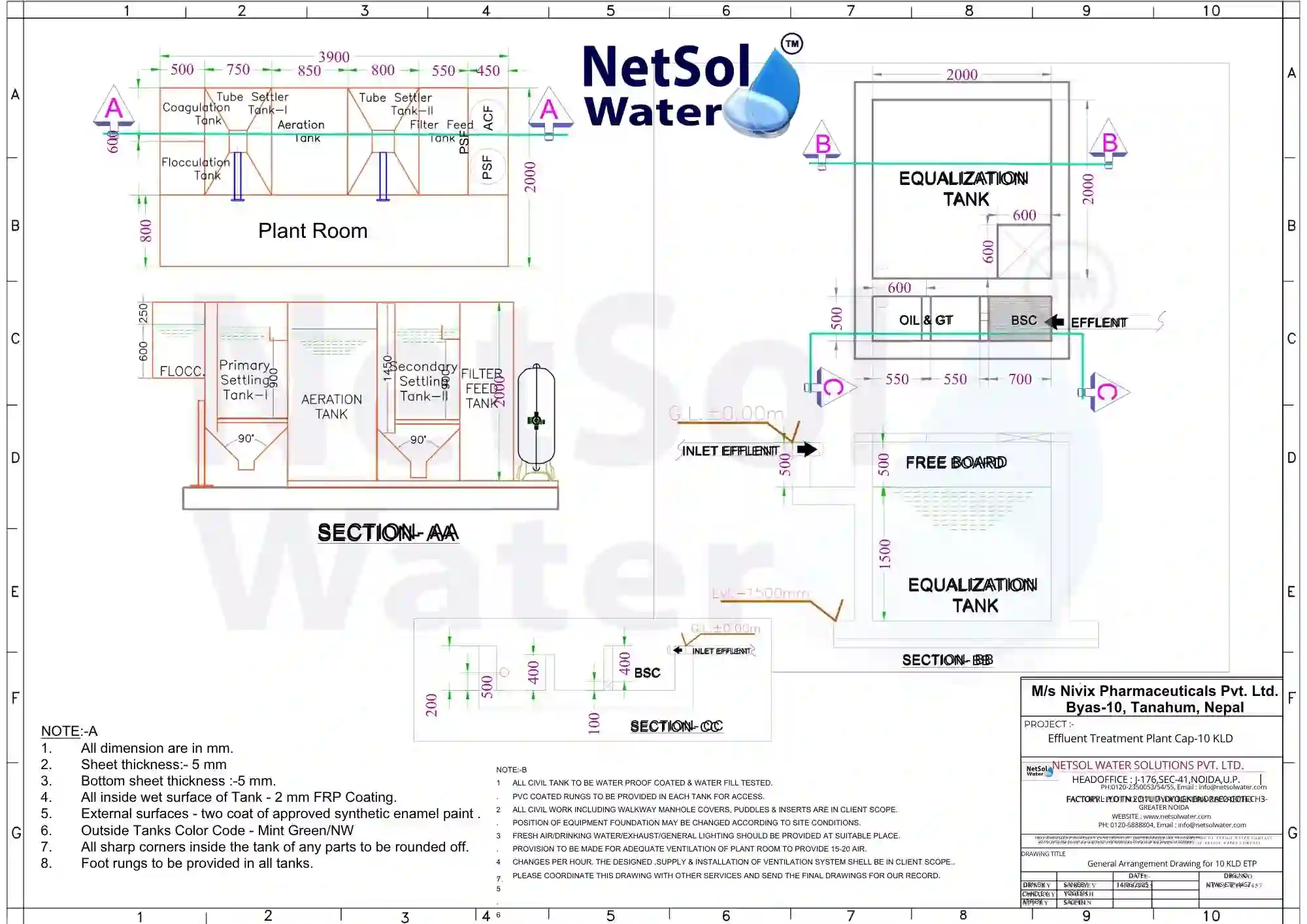 General arrangement layout of 10 KLD effluent treatment plant showing tank positioning, plant room, and piping layout with dimensions