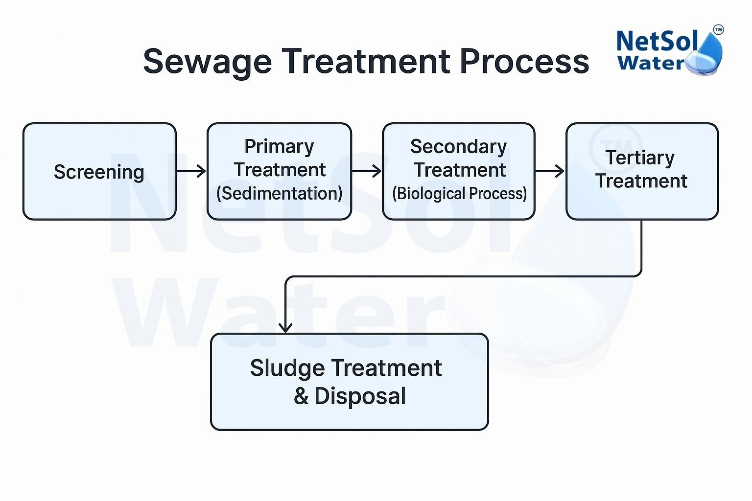 Sewage treatment process showing screening, primary treatment, secondary biological treatment, tertiary filtration and disinfection, sludge treatment, and reuse or safe discharge of treated wastewater.