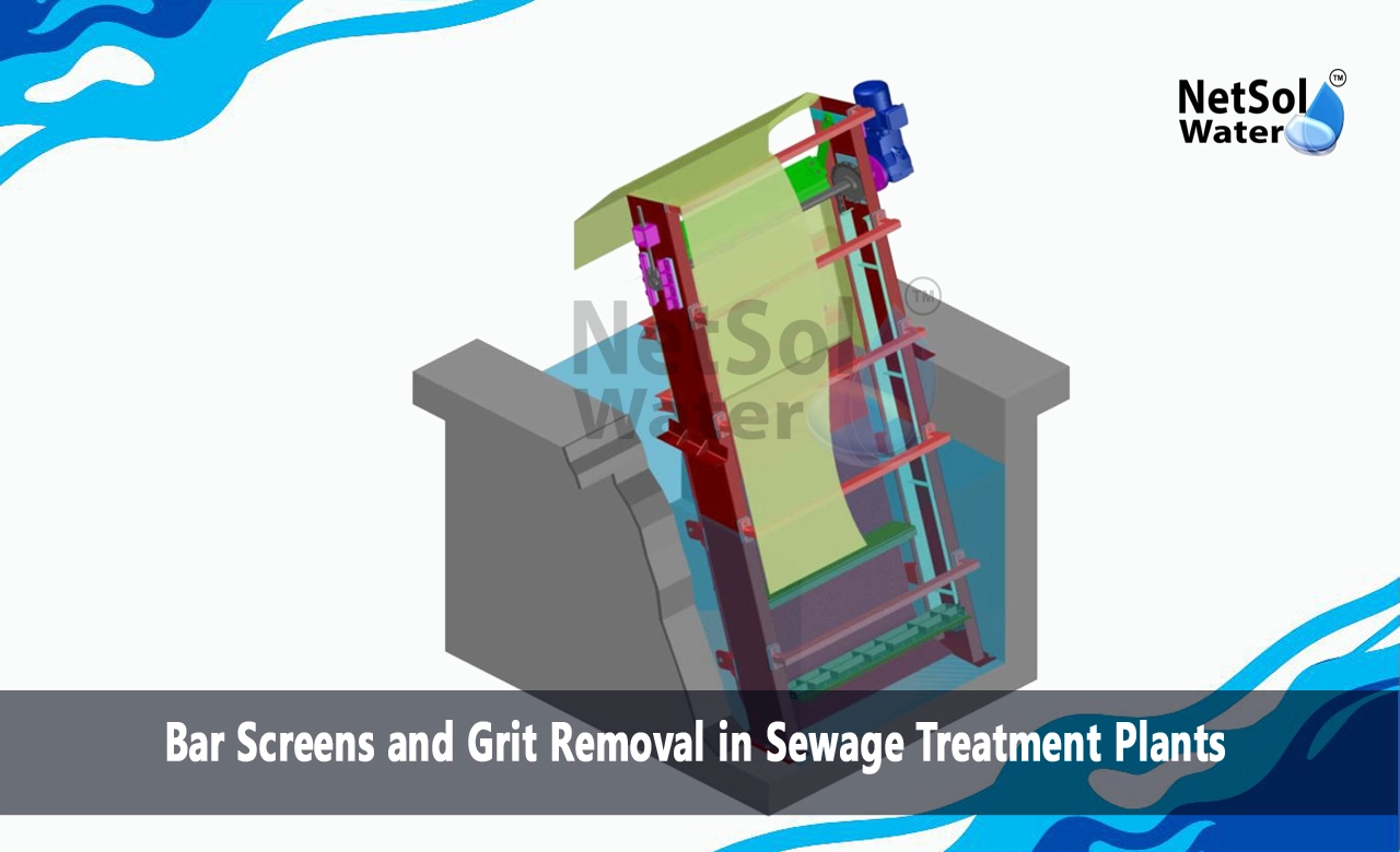 What is screening and grit removal, How is grit removed from sewage treatment plant, What do bar screens in sewage treatment remove