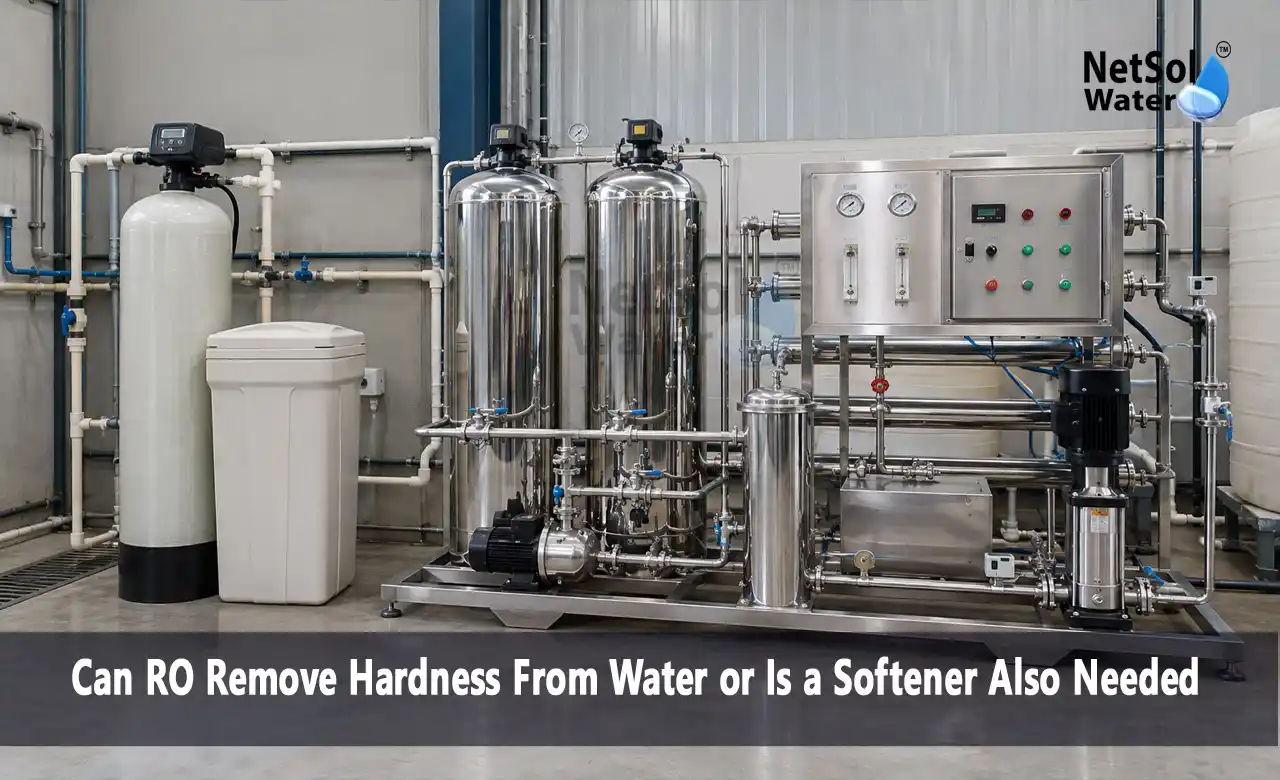 does RO remove hardness, RO vs water softener, softener before RO, hard water RO plant, RO membrane scaling, industrial RO plant, water softener plant, hardness removal from water