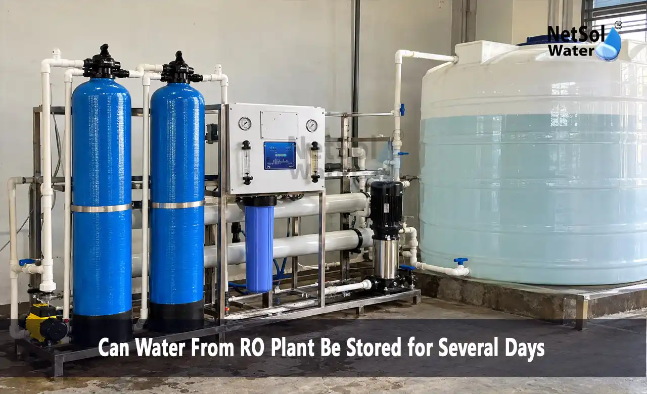 can RO water be stored for several days, RO water storage, store RO plant water, RO permeate storage tank, RO water tank hygiene, industrial RO plant, RO water quality monitoring, UV disinfection for RO water, Netsol Water
