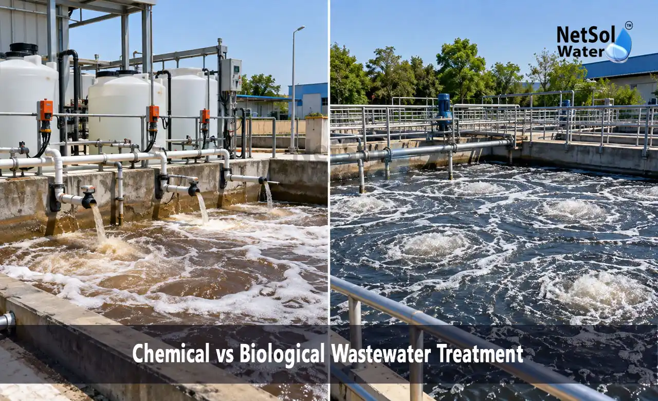 chemical vs biological wastewater treatment, chemical wastewater treatment, biological wastewater treatment, ETP plant, STP plant, effluent treatment plant manufacturer in Noida, MBBR, MBR, activated sludge process, industrial wastewater treatment