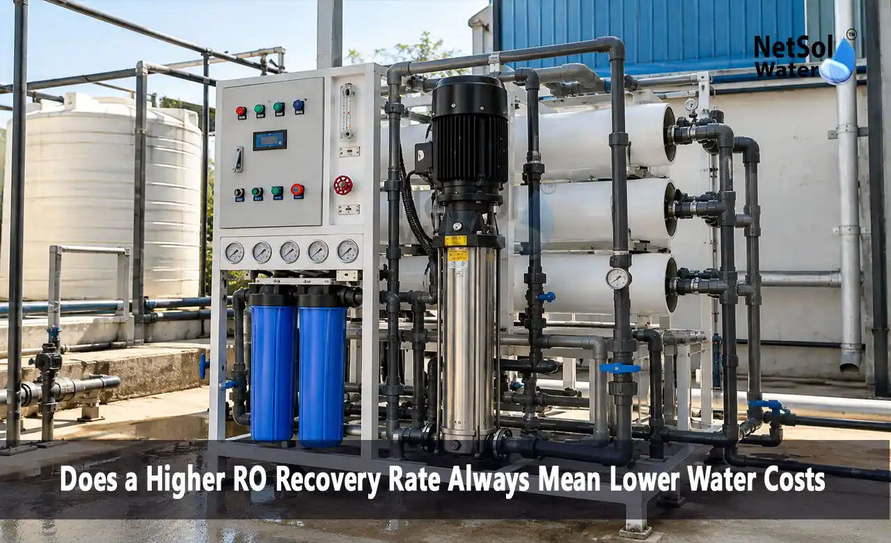 RO recovery rate, RO plant recovery, higher RO recovery, RO water cost, industrial RO plant, RO reject water, RO scaling, antiscalant dosing, RO membrane cleaning, RO operating cost, Netsol Water