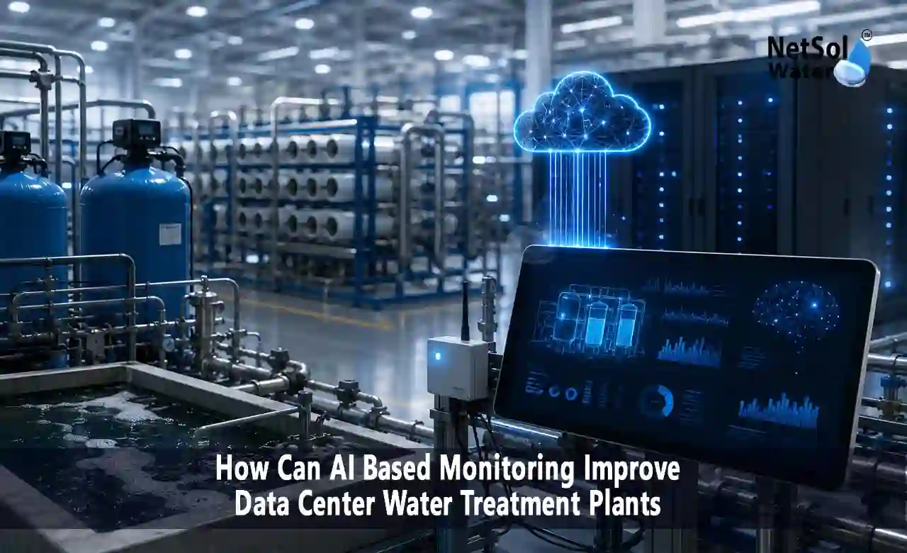 AI-based water treatment monitoring, data center water treatment, smart water treatment plant, STP ETP RO monitoring, predictive maintenance water treatment, cooling tower water quality, chemical dosing optimization, CPCB SPCB compliance, real-time remote monitoring, AI IoT water treatment