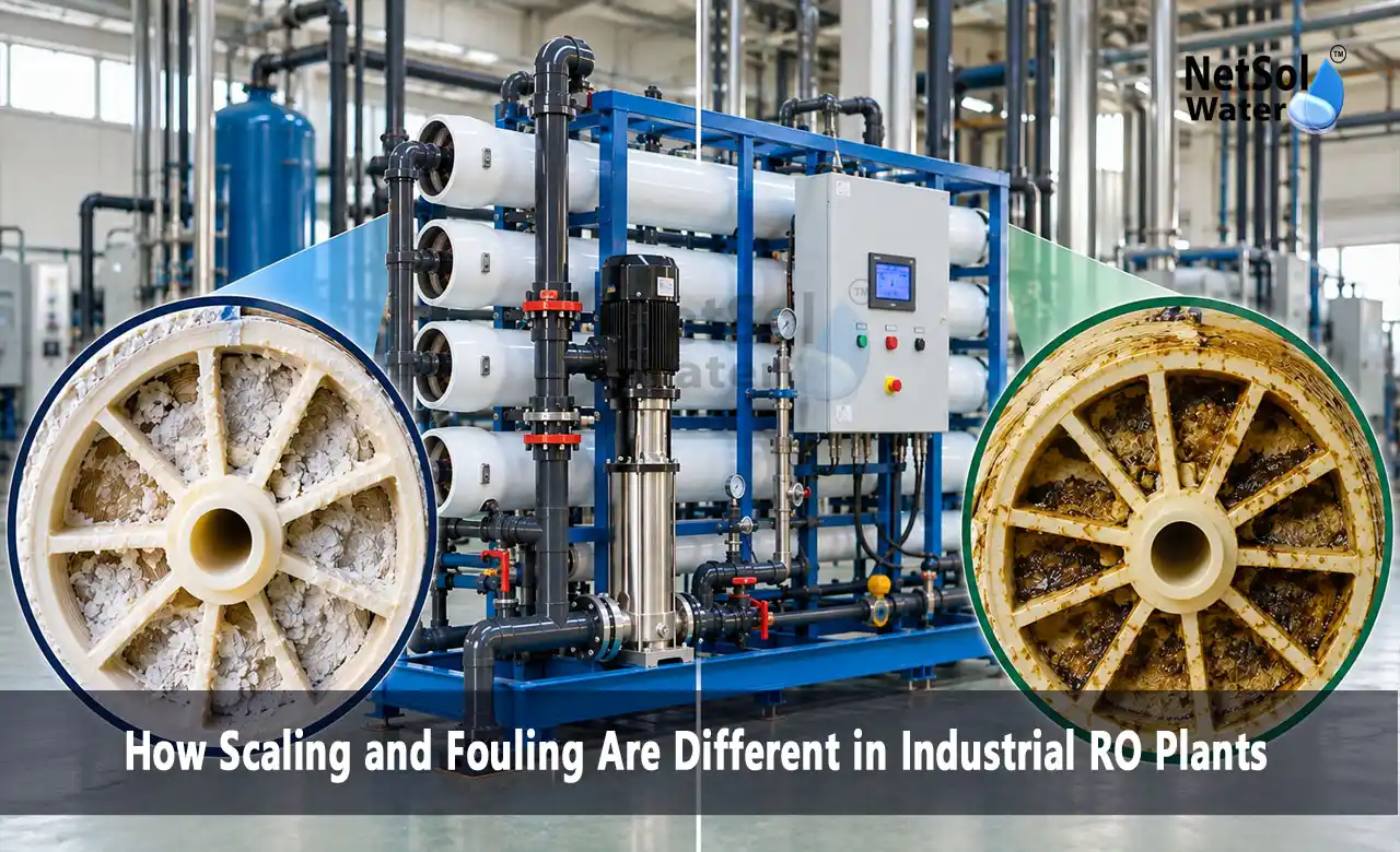 RO scaling, membrane fouling, industrial RO plants, reverse osmosis membrane, RO pretreatment, antiscalant dosing, feed water quality, Netsol Water RO systems