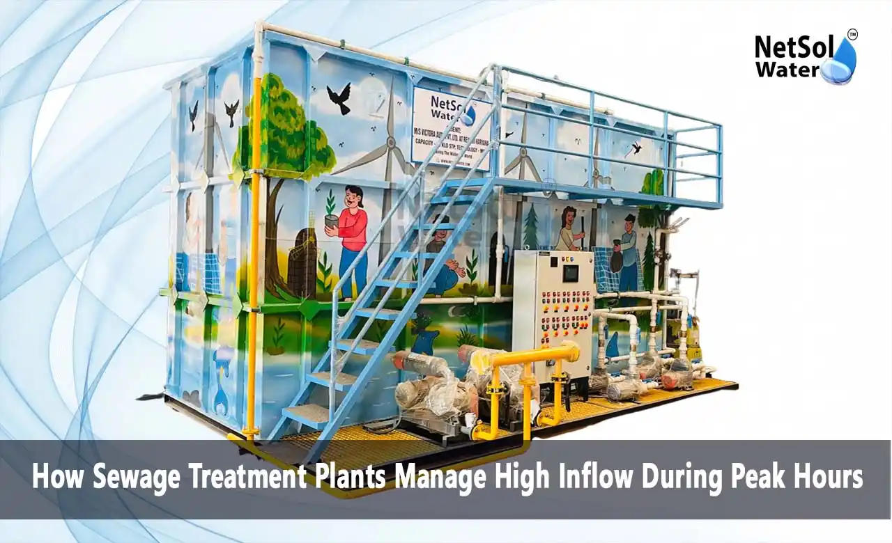 sewage treatment plants, high inflow, peak flow wastewater, STP flow management, equalization tank, controlled pumping, wastewater treatment, hydraulic loading, Netsol Water, peak inflow management