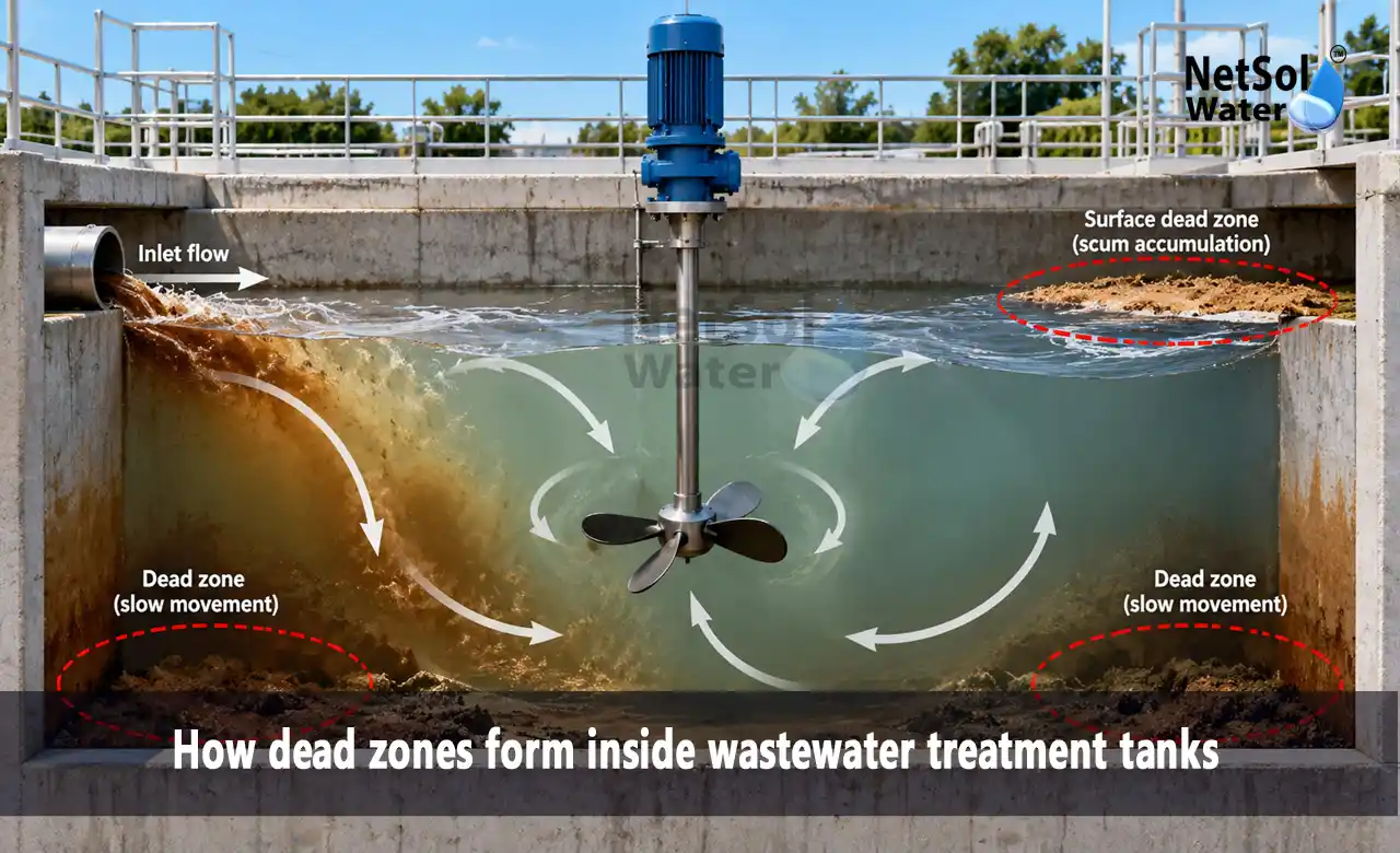 dead zones in wastewater treatment tank, wastewater tank mixing, aeration tank dead zones, sludge accumulation in tank, equalization tank mixing, mixer placement in ETP, ETP and STP troubleshooting, uneven dissolved oxygen