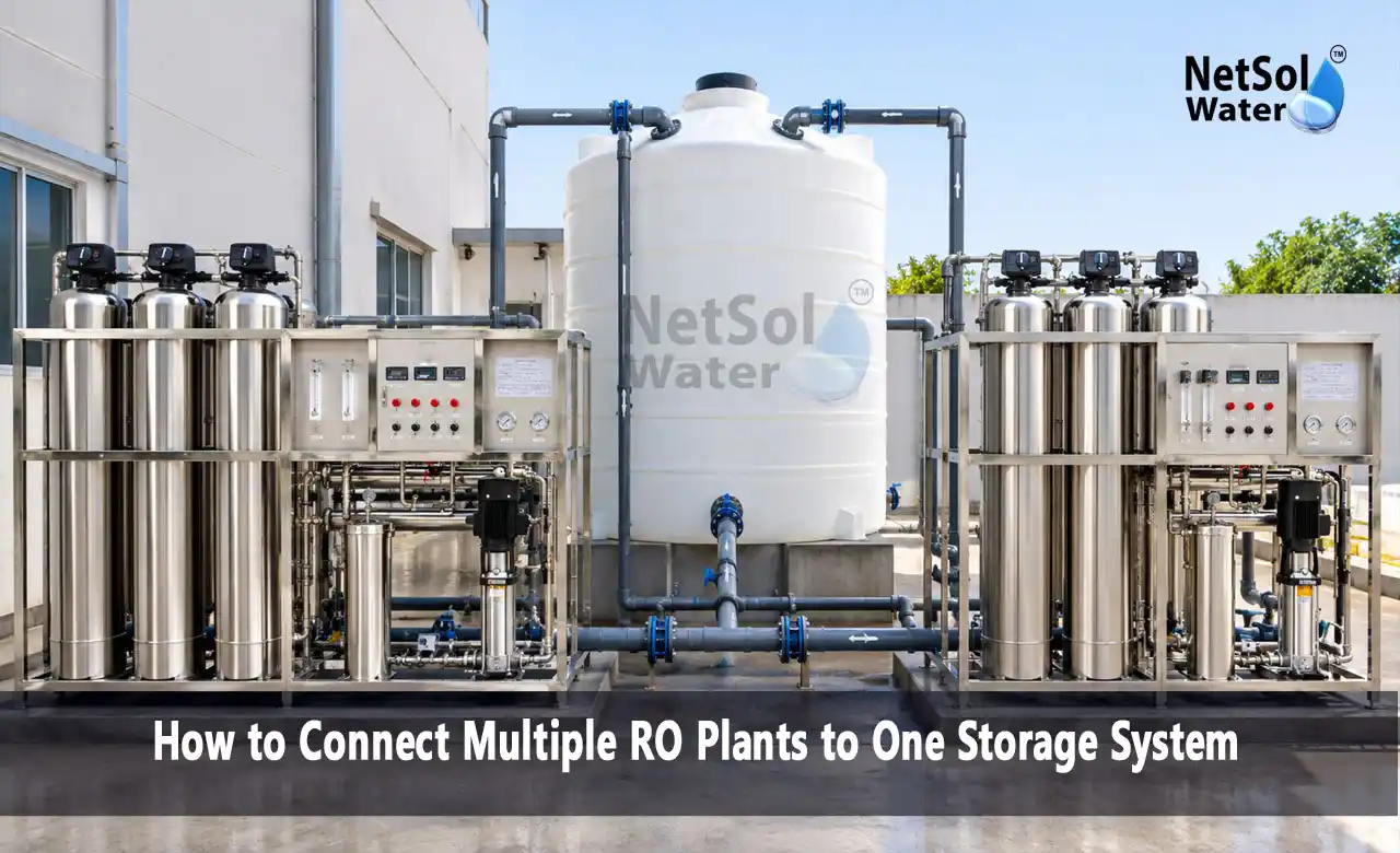multiple RO plants, common storage tank, RO plant connection, shared permeate header, RO plant backflow, RO plant automation, industrial RO plant, treated water storage, Netsol Water