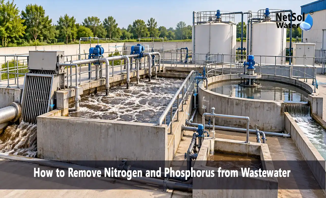 remove nitrogen and phosphorus from wastewater, nitrogen removal in wastewater treatment, phosphorus removal from wastewater, biological nutrient removal, nitrification and denitrification, ammonia removal from wastewater, chemical phosphorus removal, sewage treatment plant, effluent treatment plant