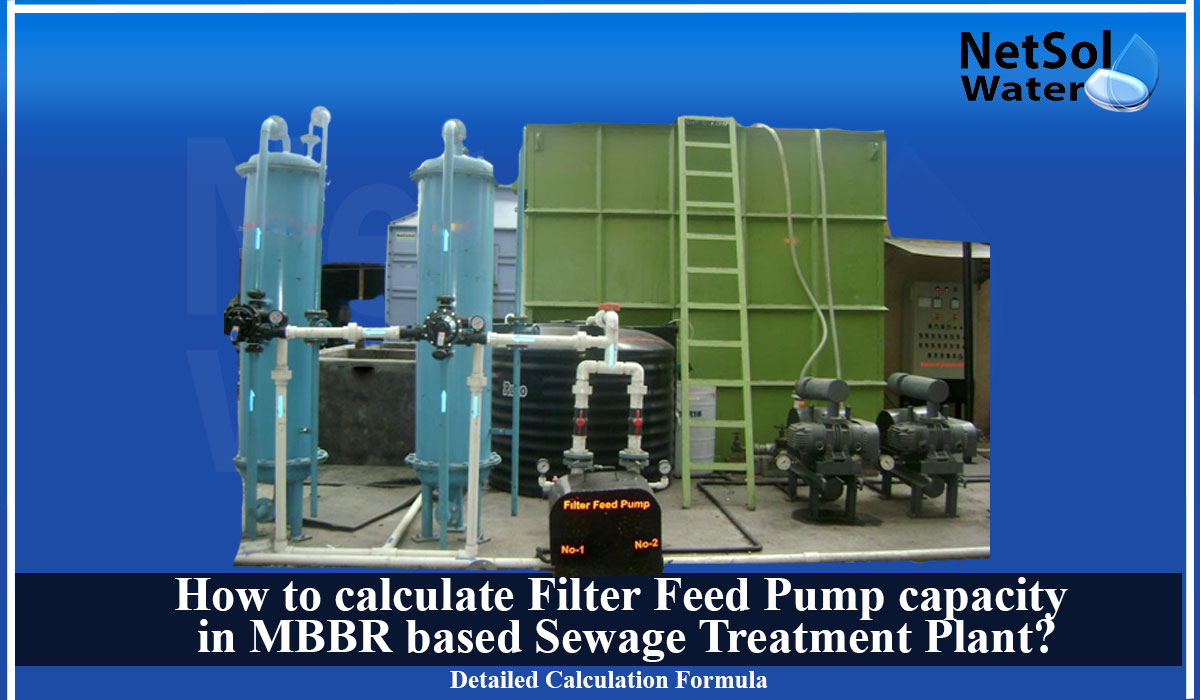 Filter feed pump size calculations formula, How to calculate Filter Feed Pump capacity, MBBR STP filter feed calculation, 