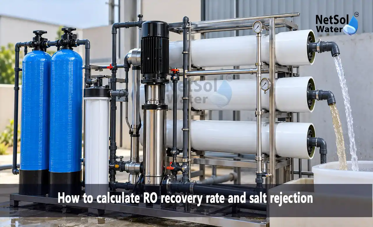 RO recovery rate, salt rejection, RO recovery rate formula, salt rejection formula, how to calculate RO recovery rate, RO plant performance, TDS, permeate, concentrate, membrane fouling, scaling, industrial RO plant, commercial RO plant, Netsol Water