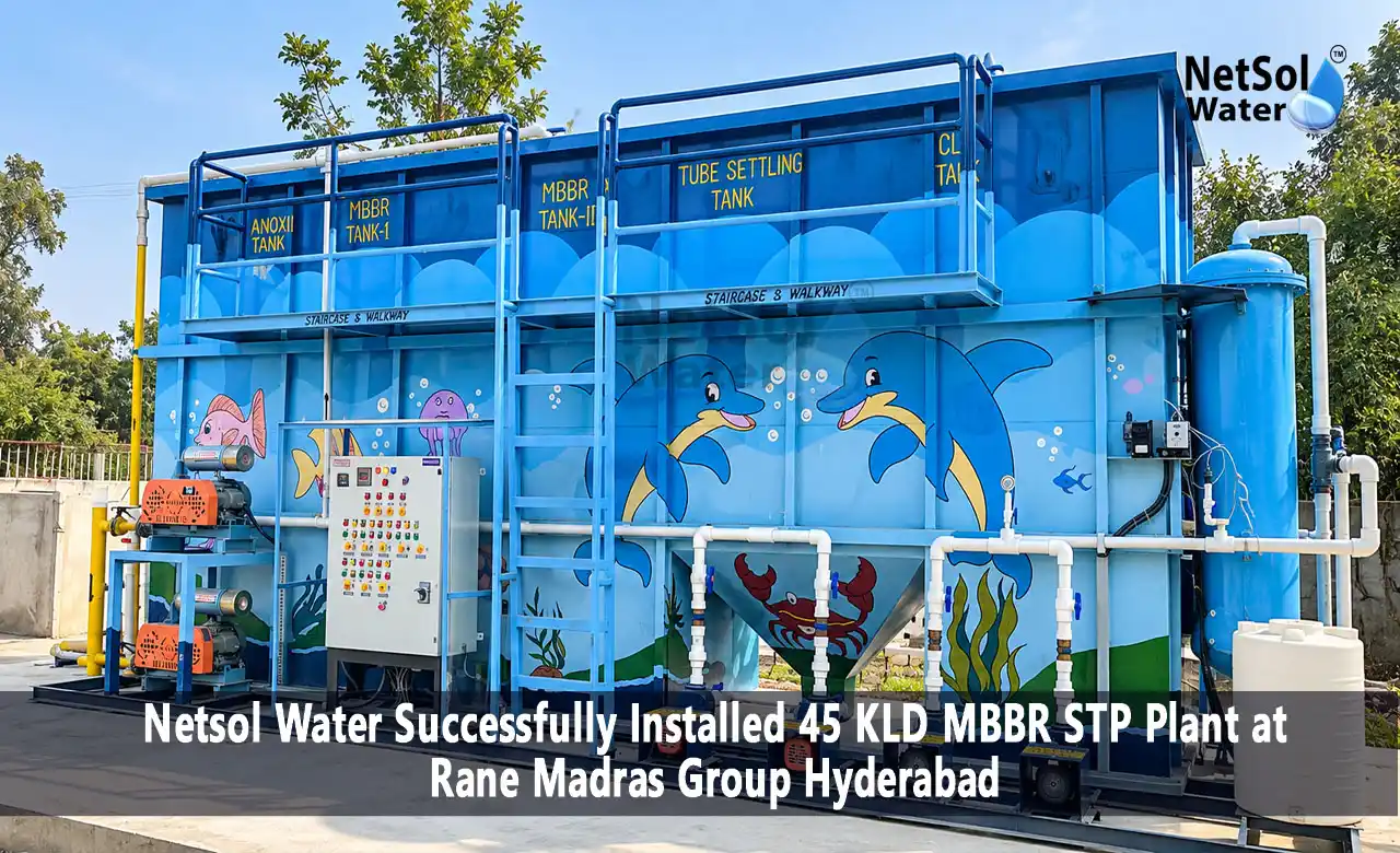 45 KLD STP Plant, 45 KLD STP plant installation, MBBR STP plant, Packaged STP plant, Sewage Treatment Plant in Hyderabad, STP plant with PLC automation, Sewage water reuse for gardening and flushing, Sewage Treatment Plant Manufacturer, Netsol Water, Rane Madras Group