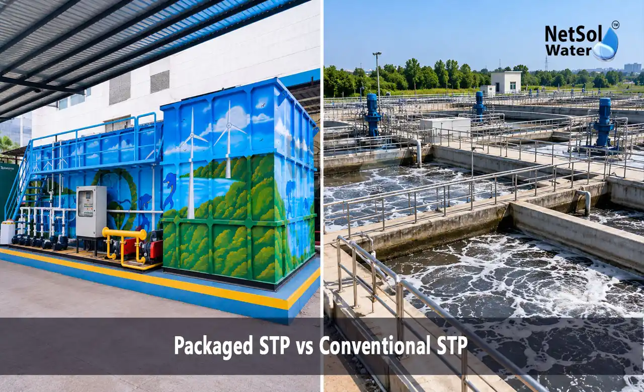 packaged STP vs conventional STP, packaged sewage treatment plant, conventional sewage treatment plant, STP cost comparison, STP space requirement, compact STP, sewage treatment plant manufacturer in India, Netsol Water, MBBR SBR MBR STP