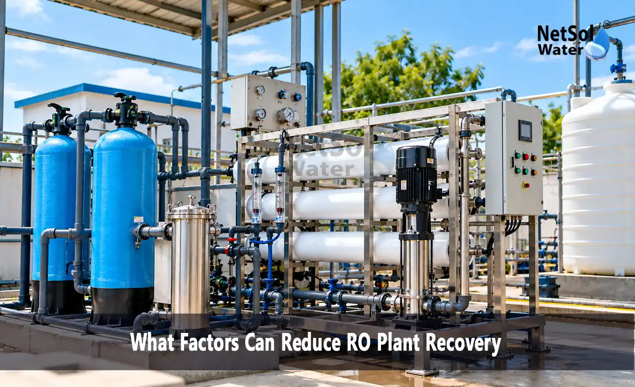 factors that reduce RO plant recovery, RO plant recovery, RO recovery rate, low recovery in RO plant, RO membrane scaling, RO membrane fouling, antiscalant dosing, RO plant pretreatment, industrial RO plant manufacturer, commercial RO plant manufacturer
