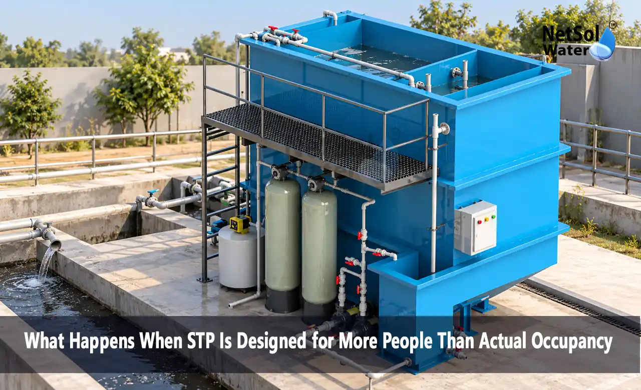 oversized STP, STP low occupancy, STP designed for higher capacity, STP underloading, low flow in sewage treatment plant, STP aeration energy saving, STP sludge management, MBBR STP operation, SBR STP operation, STP audit, STP operation and maintenance, Netsol Water