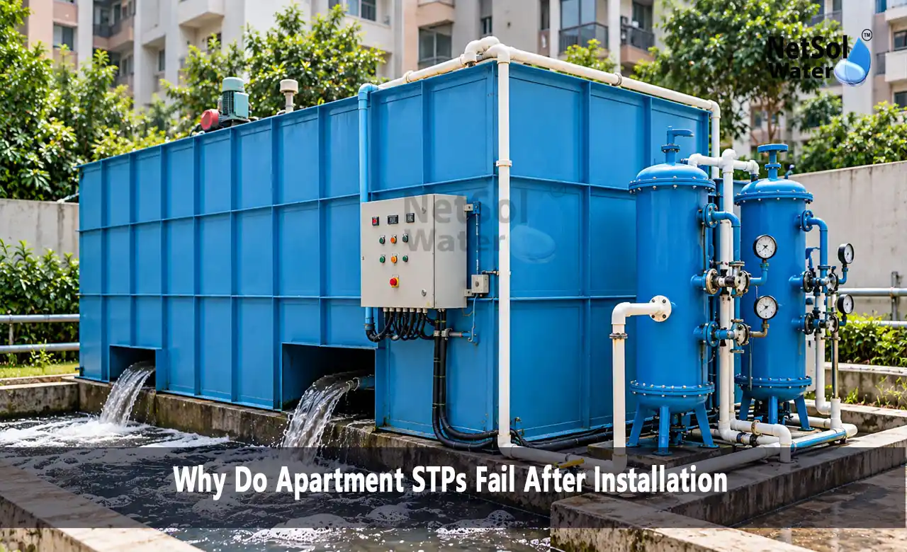 apartment STP failure, why STP fails, sewage treatment plant for apartments, STP maintenance, STP operation, STP odour problem, sludge removal in STP, STP aeration, treated water reuse, preventive maintenance of STP