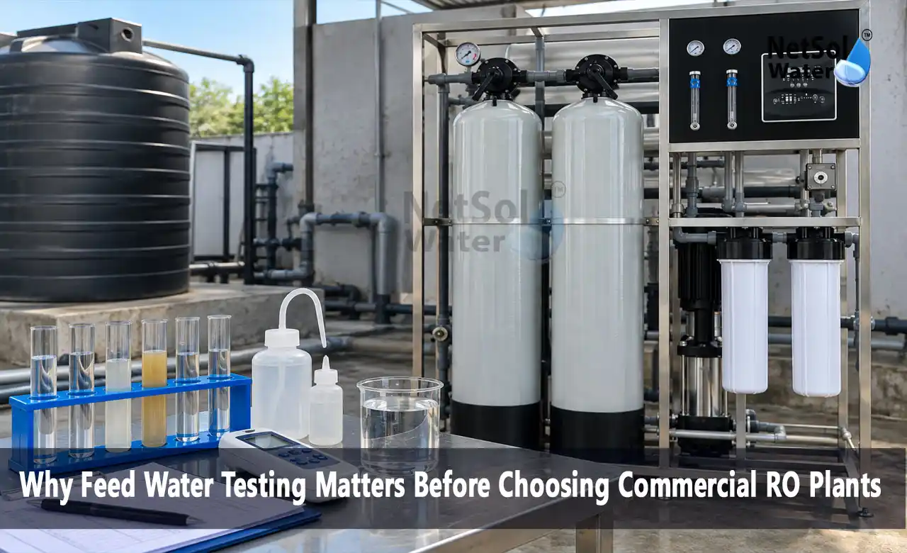 feed water testing, commercial RO plants, RO plant selection, TDS and hardness, RO pre-treatment, RO membrane protection, water quality parameters, industrial RO plant