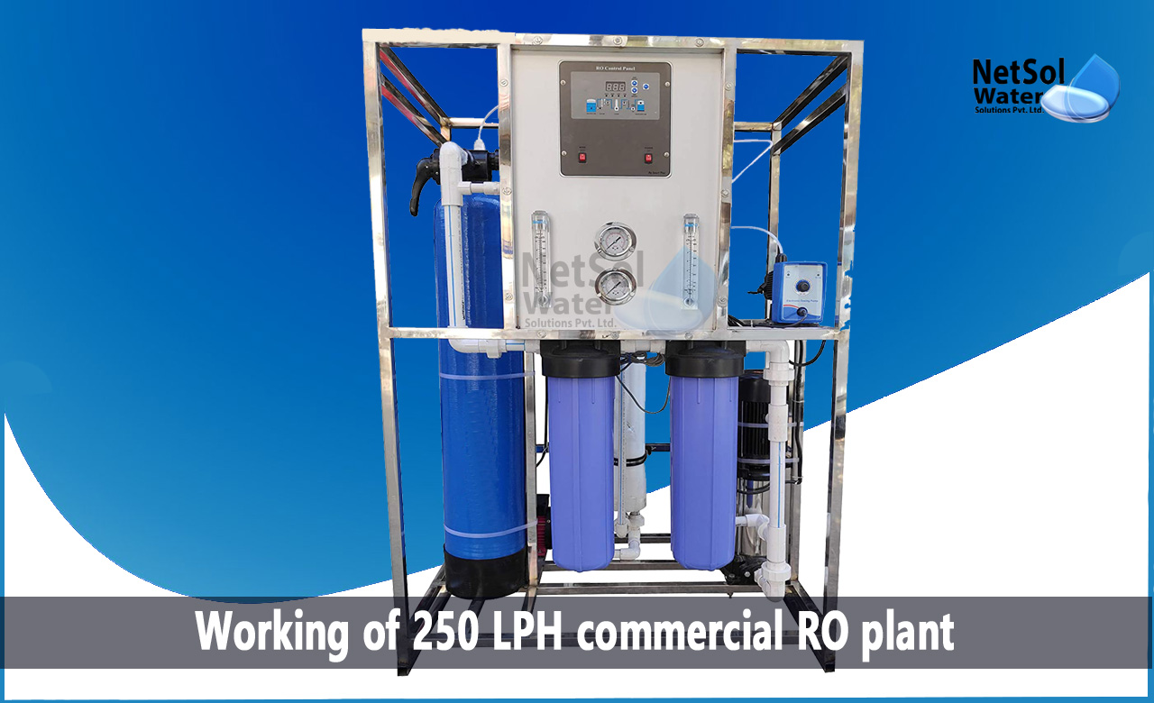 Working of 250 LPH commercial RO plant, Manufacturer of 250 LPH Commercial RO Plants, Applications of 250 LPH Commercial RO Plants